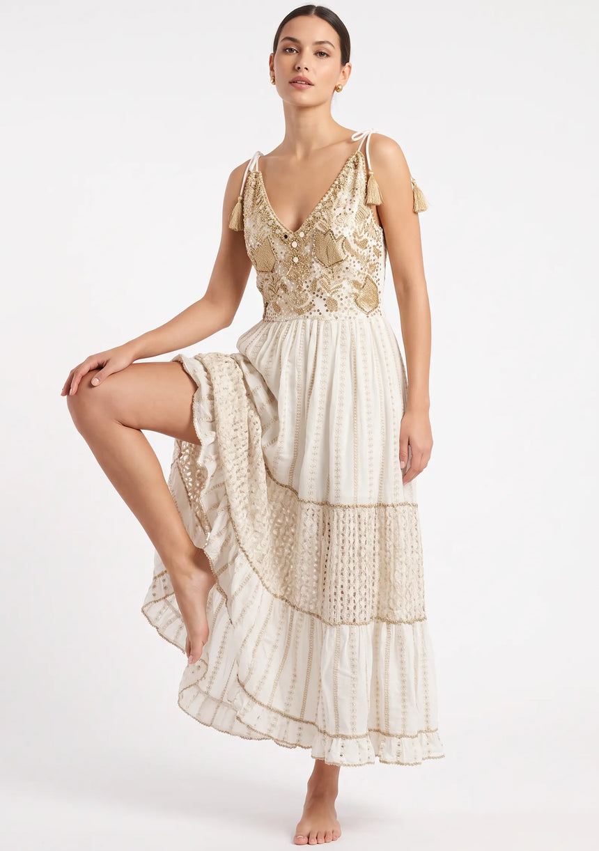 Robe longue à bretelles ibBan pour femme Basima | Broderie main | Paillettes | Taille unique