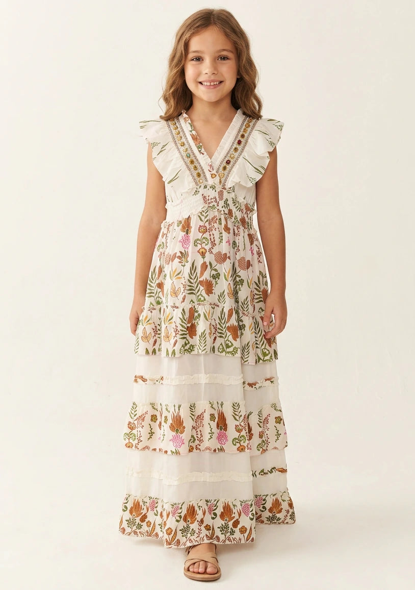Vestido largo de algodón con cuello en V para niña - Aina