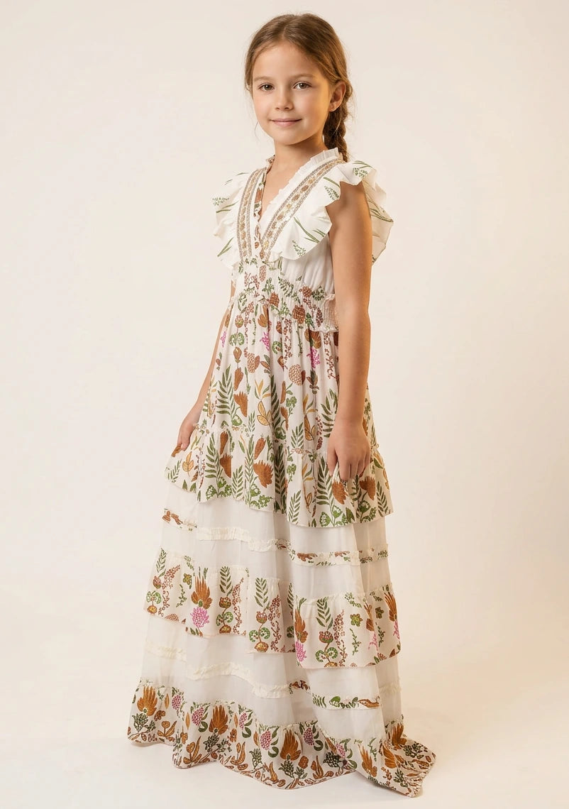 Vestido largo de algodón con cuello en V para niña - Aina