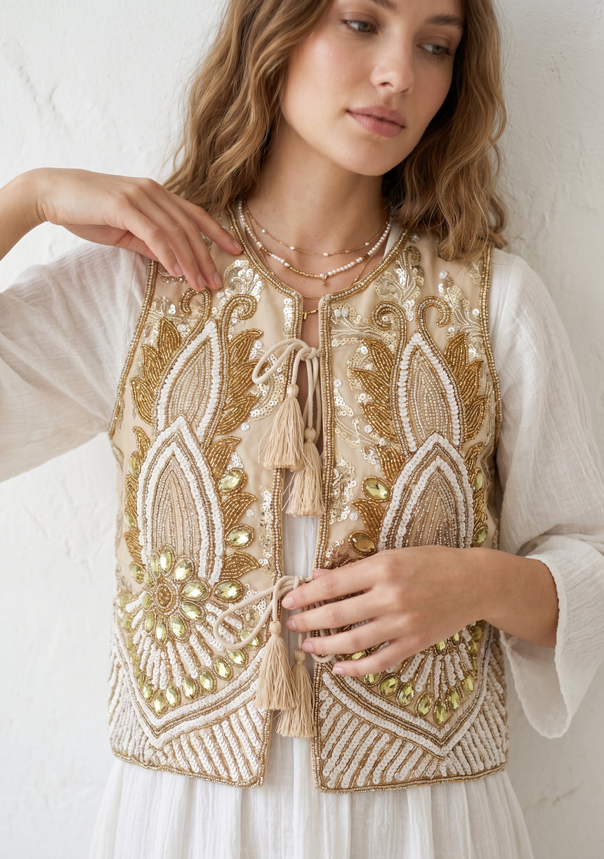 ibBan Hand Embroidered Vest | Luxury Beaded Sleeveless Vest - Vidha