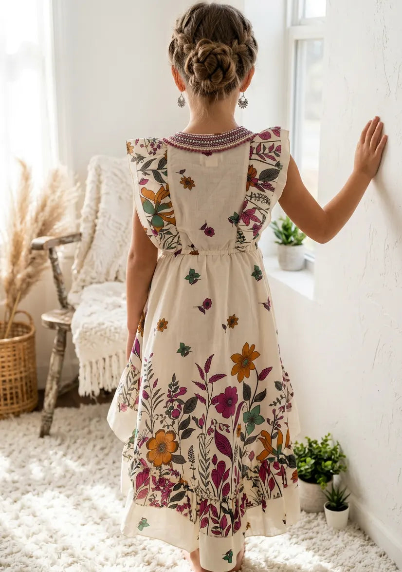 Robe en coton col V pour fille - Jelisha
