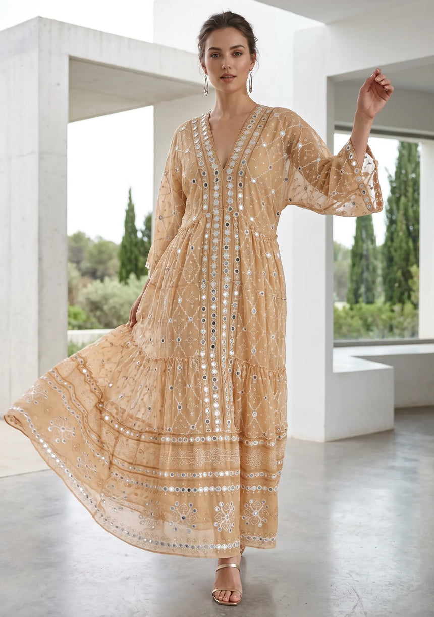 ibBan Hand Embroidered Cotton Maxi Dress | Luxury Boho Resort -Fabiya