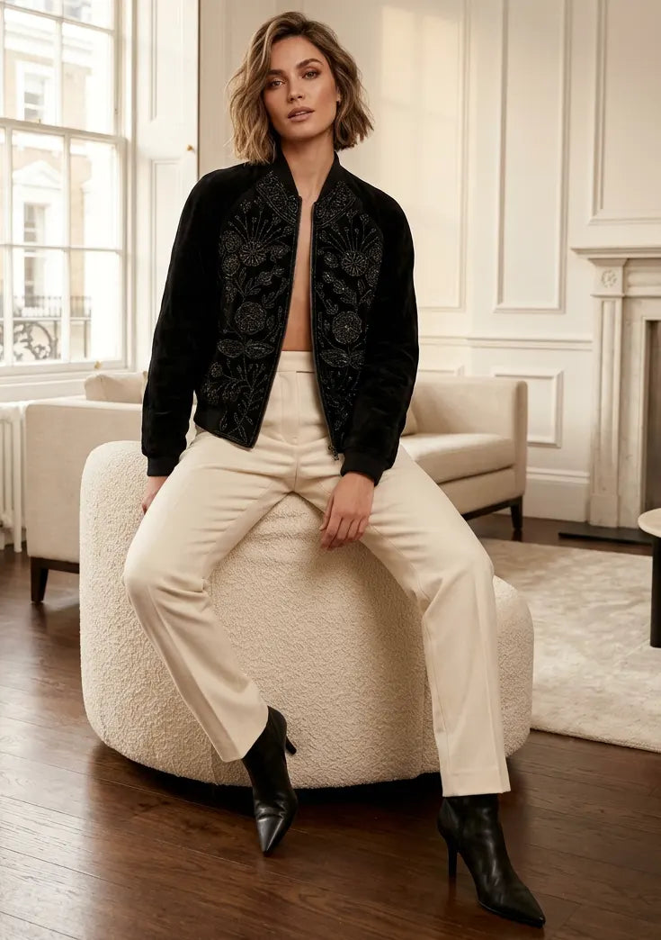 ibBan Hand Embroidered Leather Sleeve Winter Jacket | Premium Designer Outerwear - Dolly