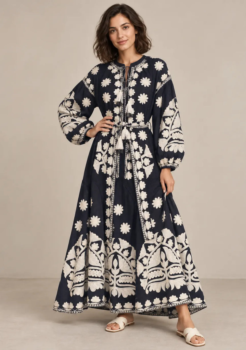 ibBan Floral Print Cotton Maxi Dress with Tassel Tie - Ayat