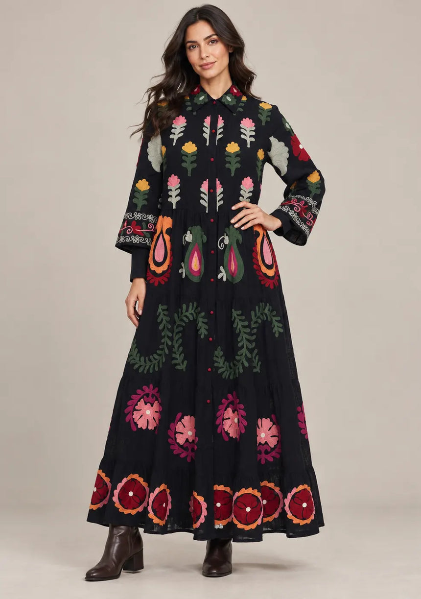 ibBan Embroidered Cotton Tiered Shirt Collor Tunic - Ambir