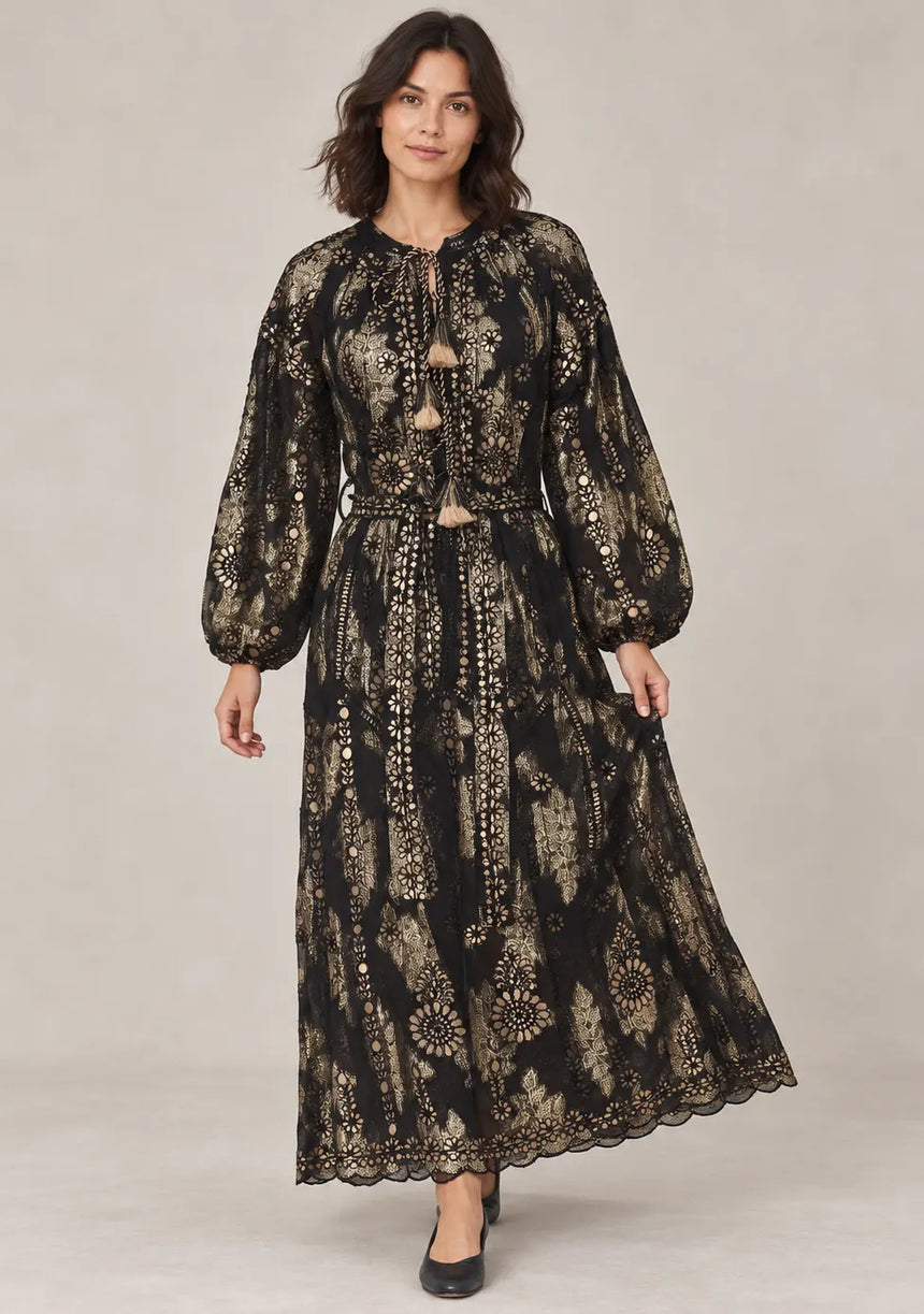 ibBan Floral Lurex Cotton Long Dress - Mavi