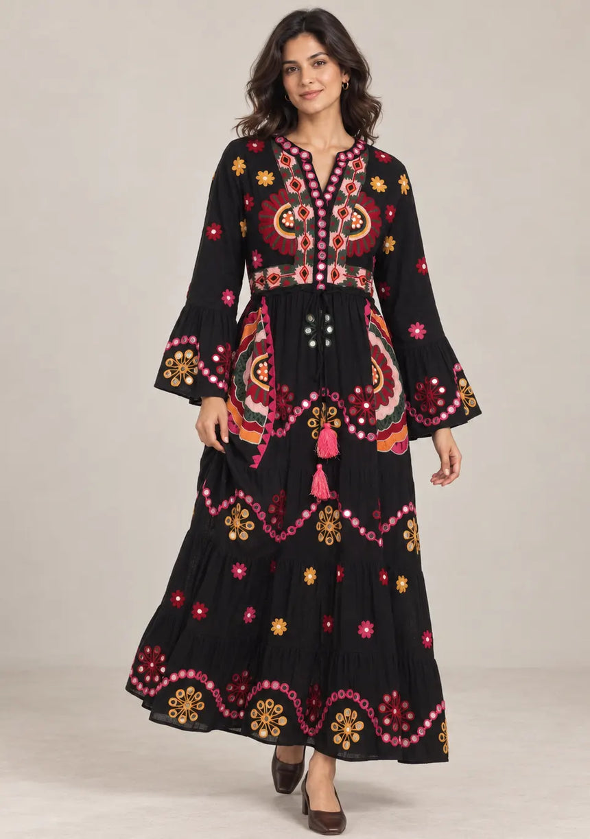 ibBan Embroidered Cotton Long Tunic Dress with Tassel Tie - Sara