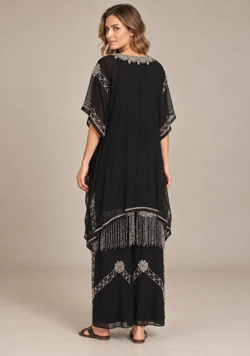 ibBan Black Georgette Kaftan Set with Hand Embroidery -Karla