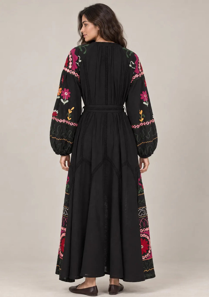 ibBanEmbroidered Cotton Maxi Dress with Tassel Tie - Hami