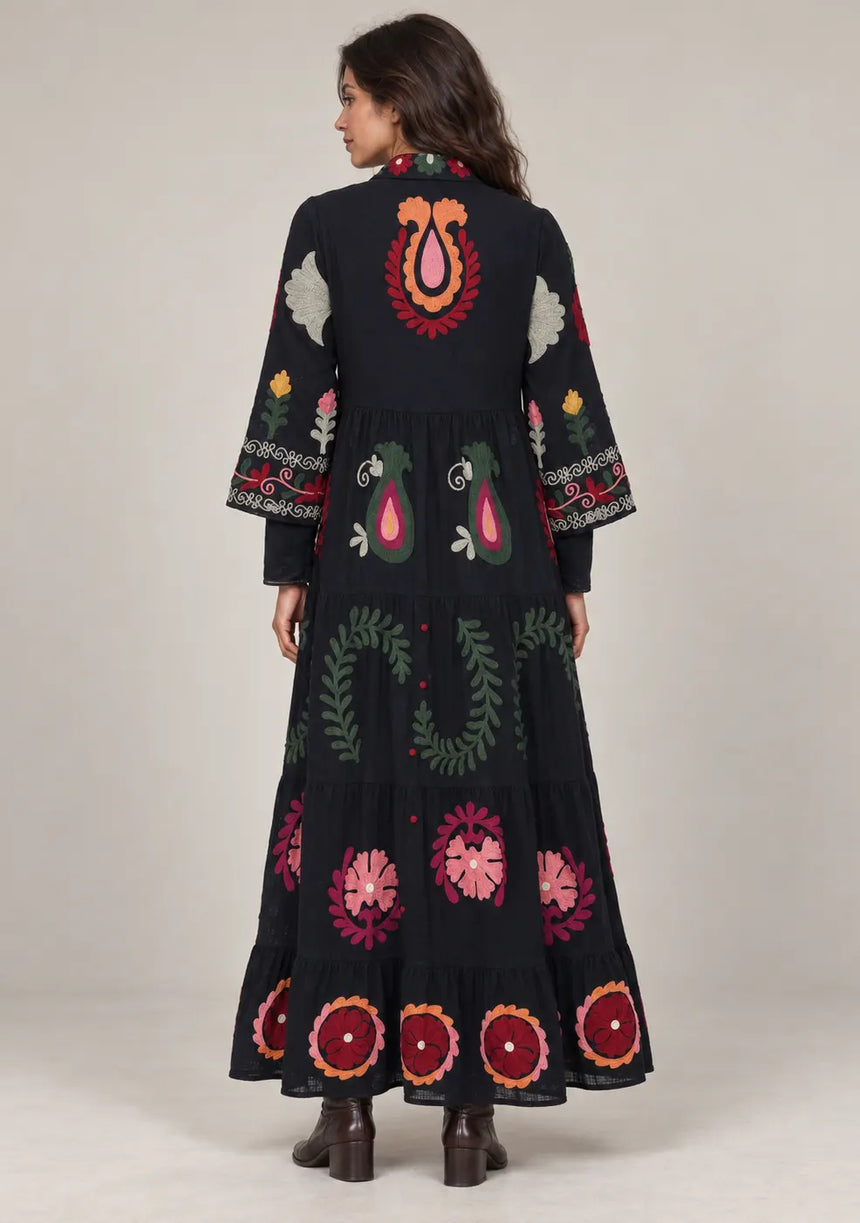 ibBan Embroidered Cotton Tiered Shirt Collor Tunic - Ambir
