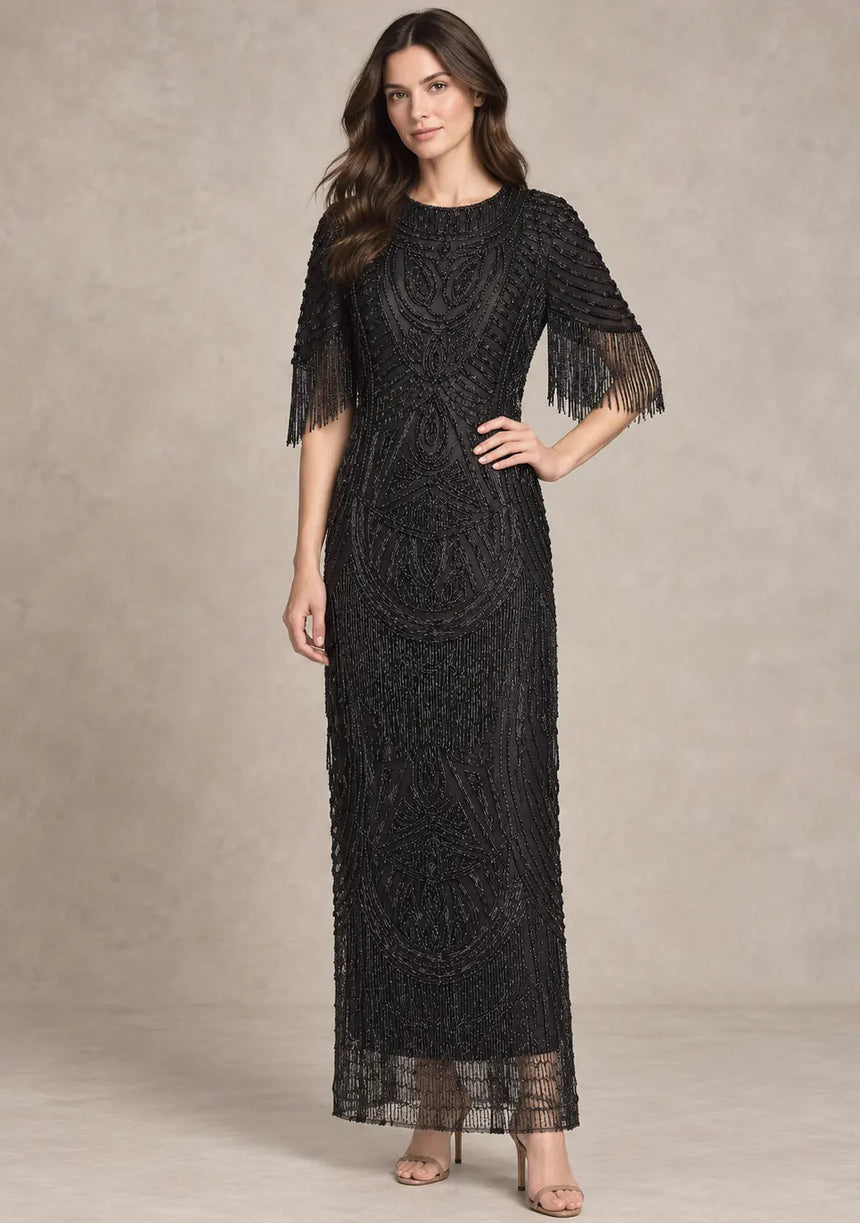 ibBan Women’s Long Dress with Hand Beadwork & Fringe Sleeves - Esmi