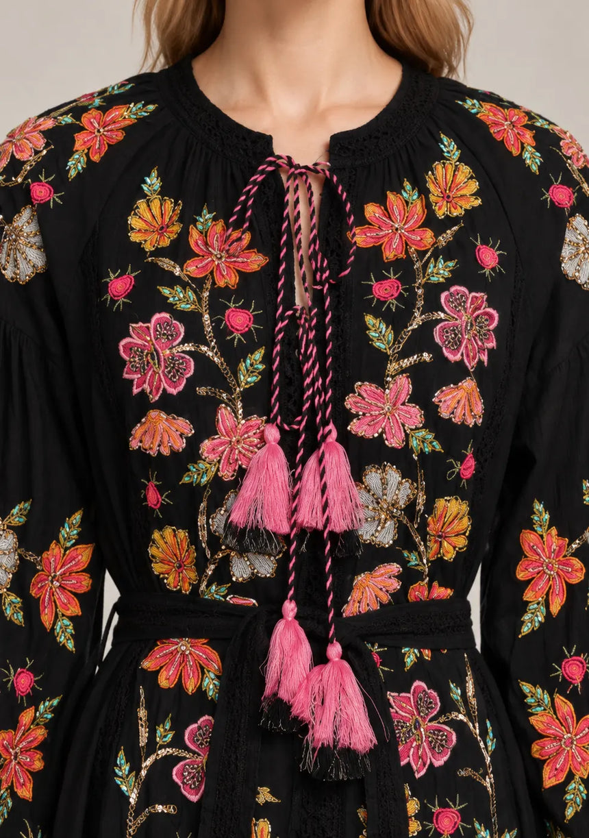 ibBan Floral Embroidered Maxi Dress with Tassel - Ravila