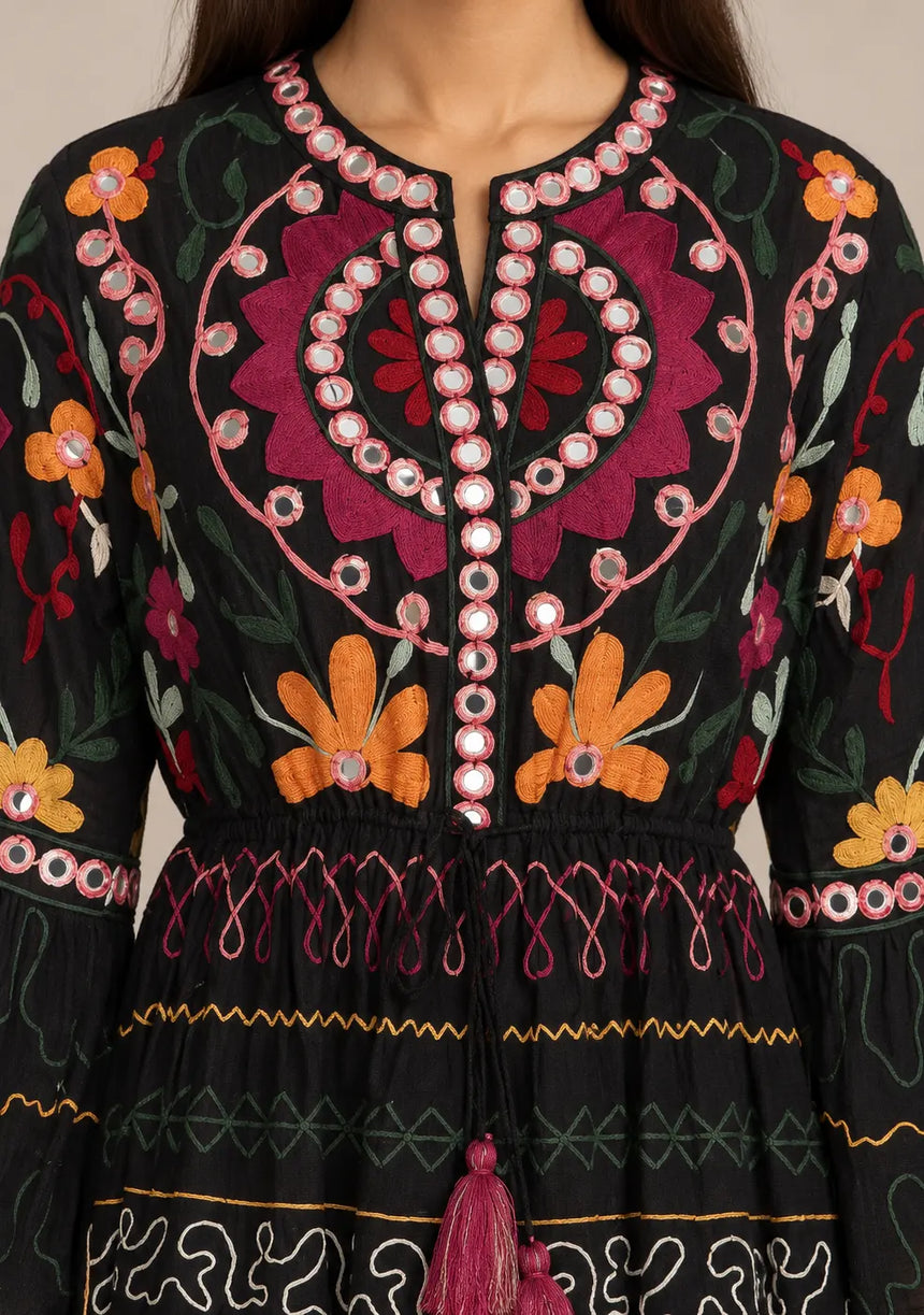 ibBan Embroidered Cotton Long Tunic with Tassel Tie - Hami