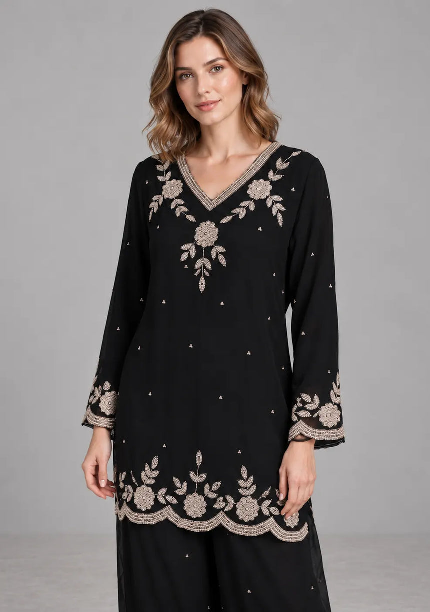 ibBan Black Georgette Kurta Palazzo Set with Hand Embroidery - Jaslyn