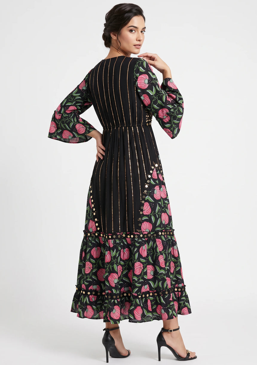 ibBan Floral Cotton Maxi Dress with Bell Sleeves - Jumani