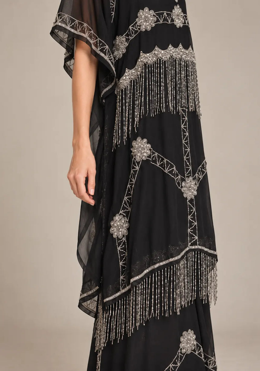 ibBan Black Georgette Kaftan Set with Hand Embroidery -Karla