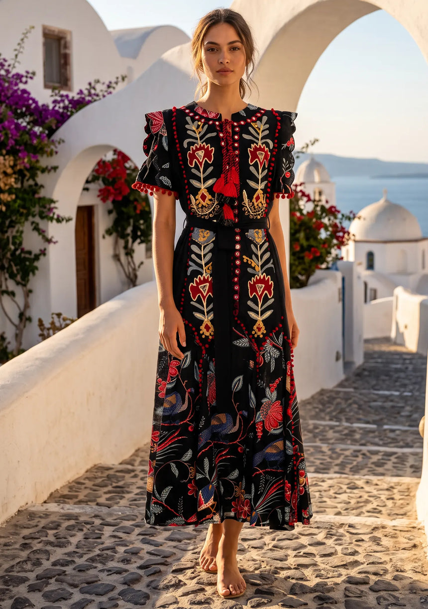 ibBan Hand-Embroidered Cotton Long Dress with Floral Print - Rasha