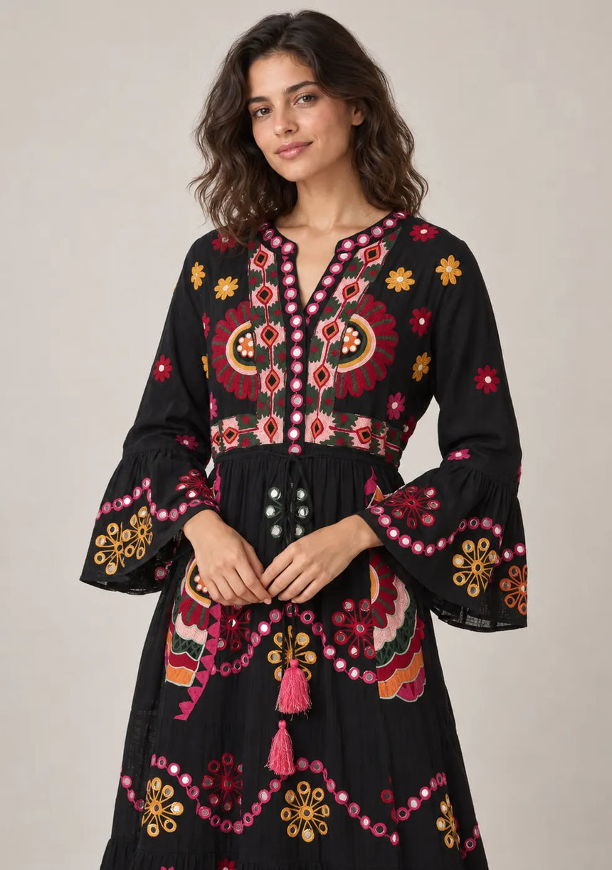 ibBan Embroidered Cotton Long Tunic Dress with Tassel Tie - Sara