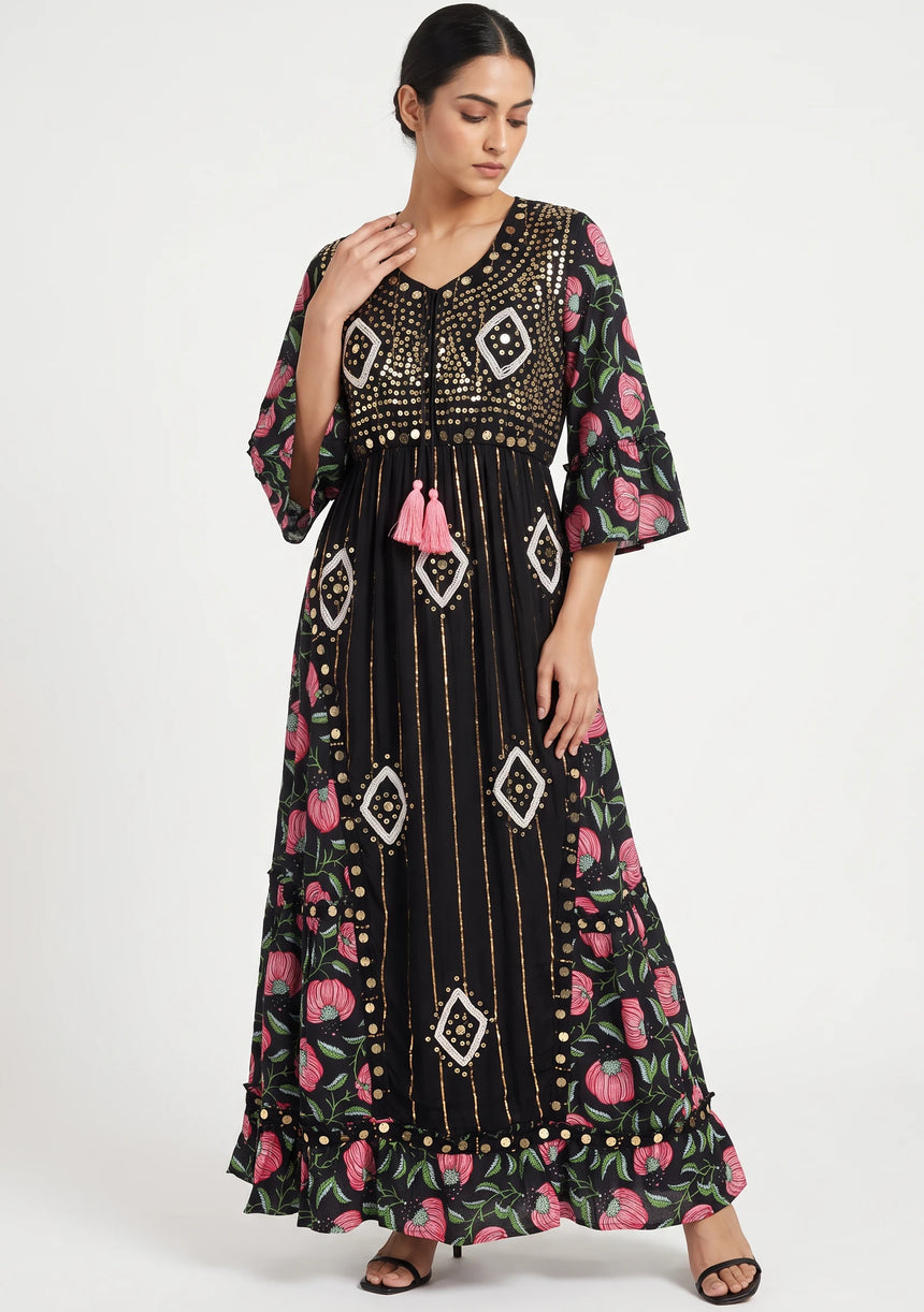 ibBan Floral Cotton Maxi Dress with Bell Sleeves - Jumani