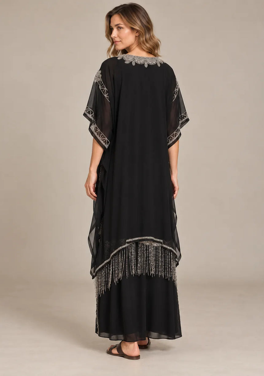 ibBan Black Georgette Kaftan Set with Hand Embroidery -Karla