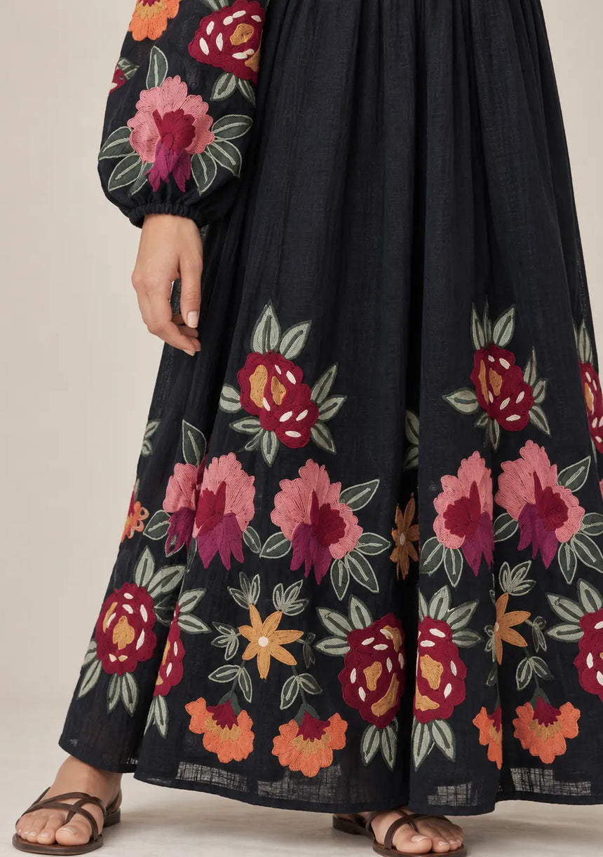 ibBan Floral Embroidered Cotton Maxi Dress with Tassel Tie - Gypsy