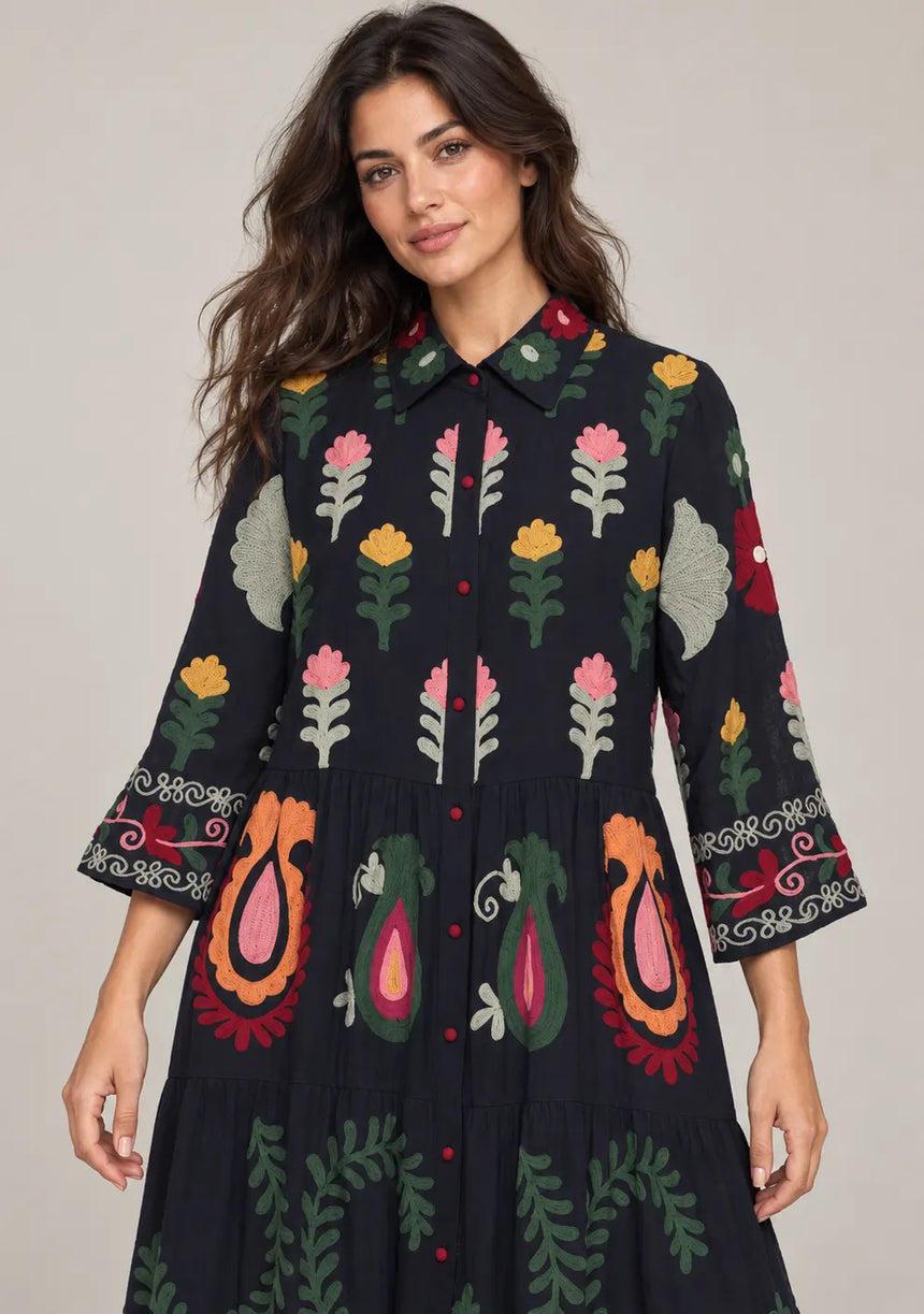 ibBan Embroidered Cotton Tiered Shirt Collor Tunic - Ambir