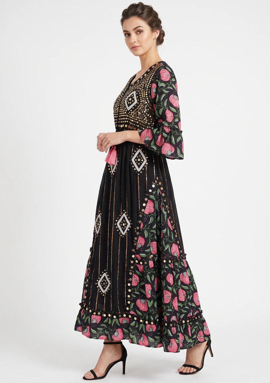 ibBan Floral Cotton Maxi Dress with Bell Sleeves - Jumani