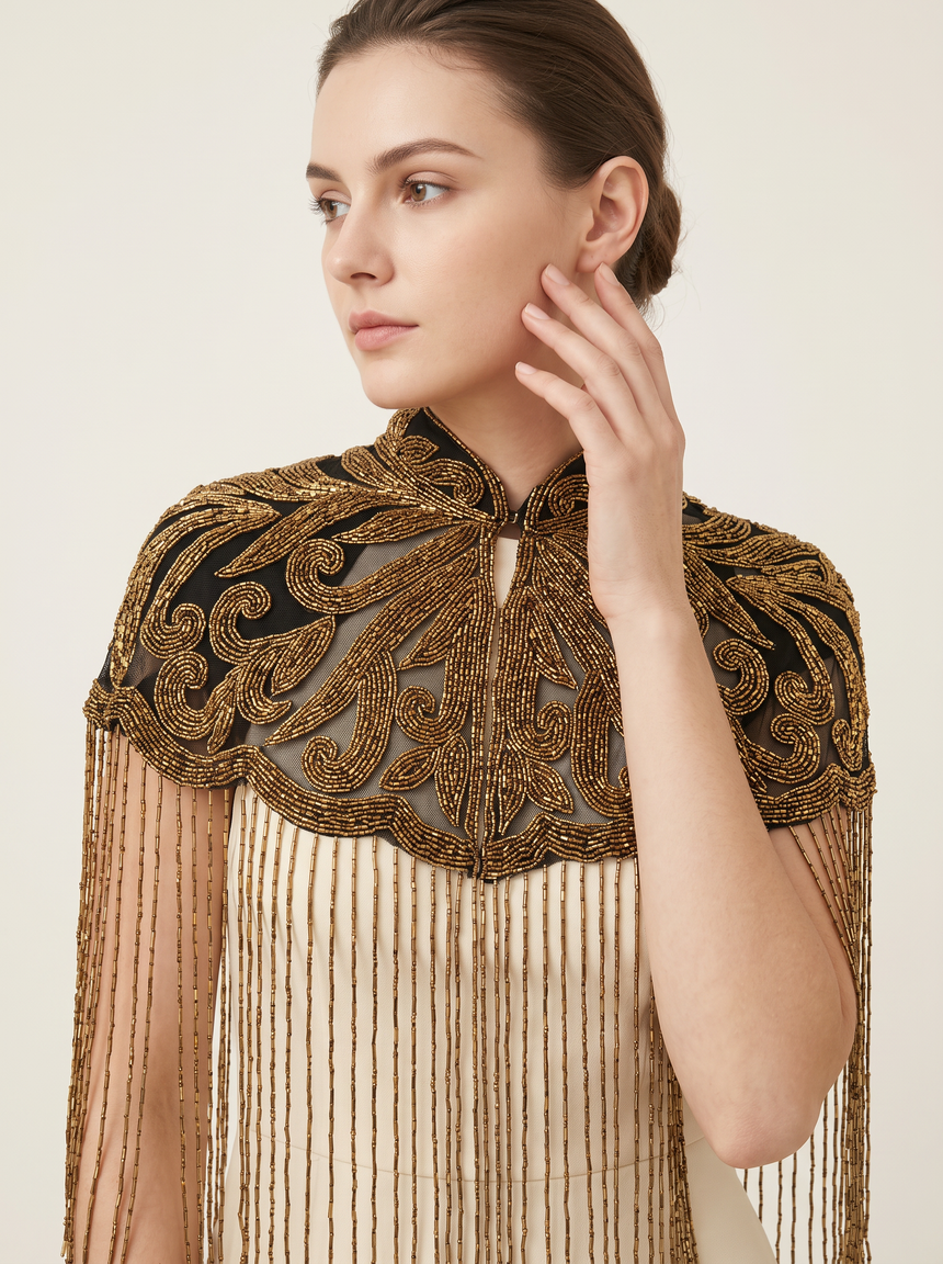 ibBan Beaded Net Neck Cape with Fringe - Linda