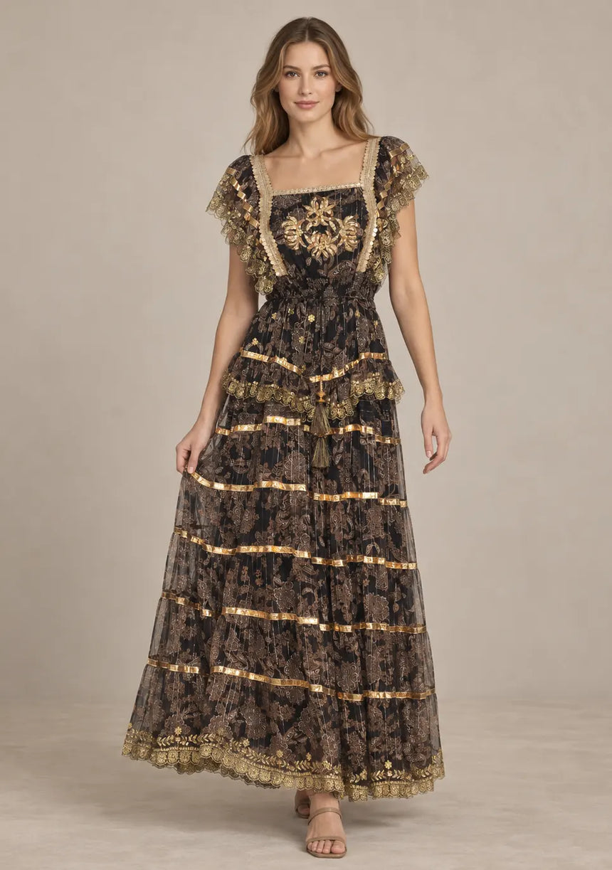 ibBan Cotton Georgette Floral Tiered Long Dress - Huma