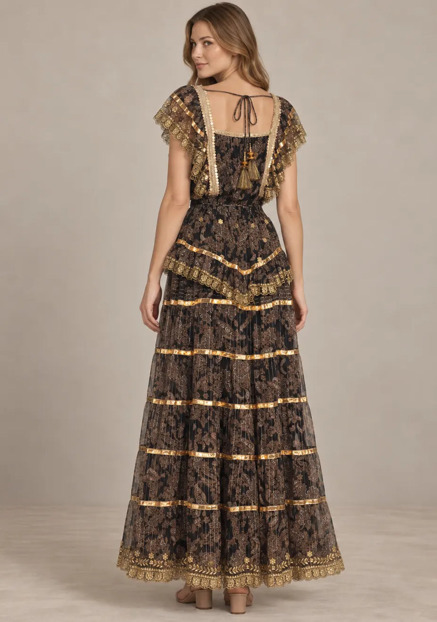 ibBan Cotton Georgette Floral Tiered Long Dress - Huma
