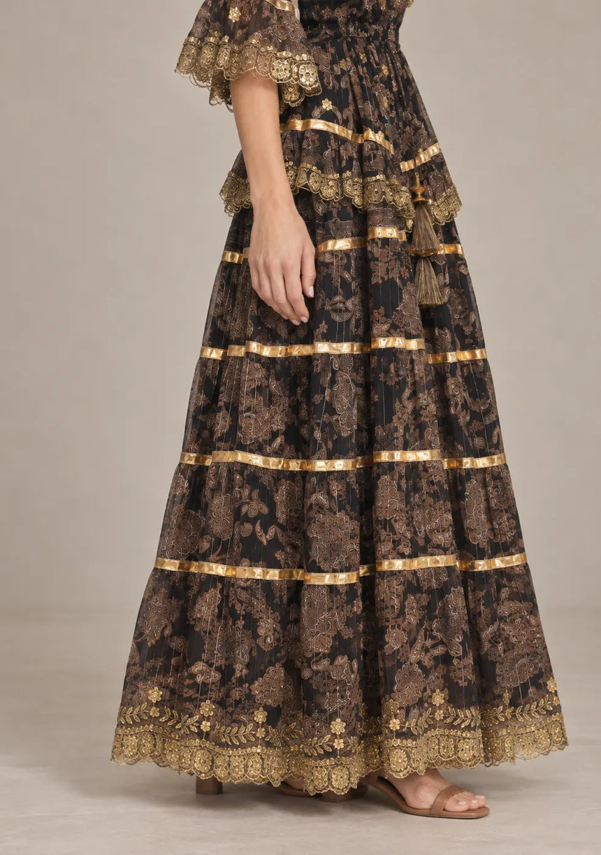 ibBan Cotton Georgette Floral Tiered Long Dress - Huma