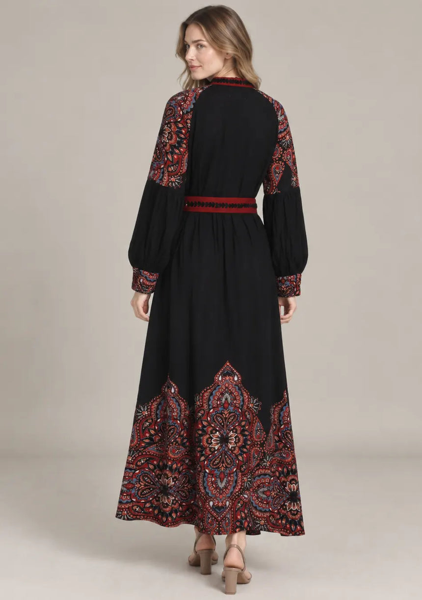 ibBan Cotton Long Dress with Contrast Waist Belt -Minja