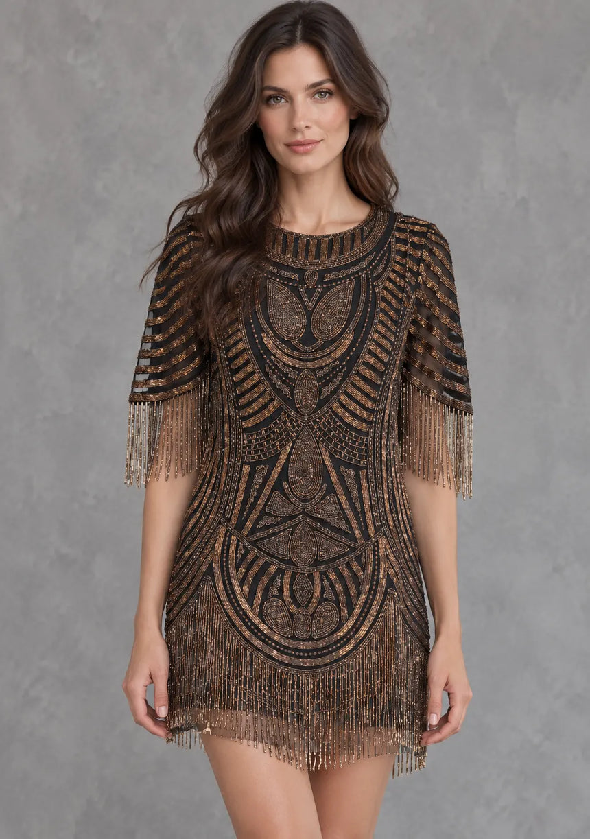 ibBan Party Short Dress with Beadwork & Fringe Sleeves - Esmi