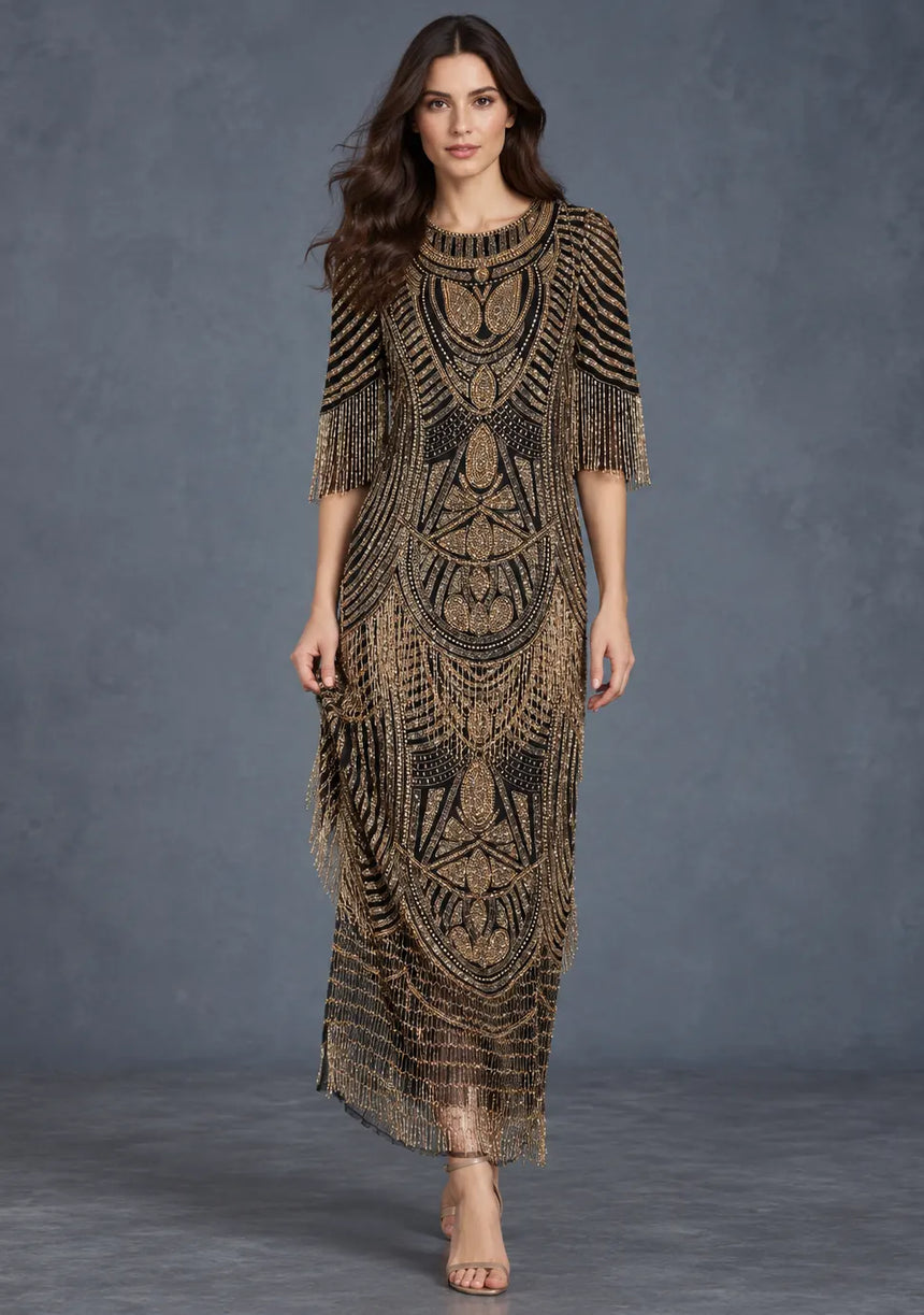 ibBan Women’s Long Dress with Hand Beadwork & Fringe Sleeves - Esmi