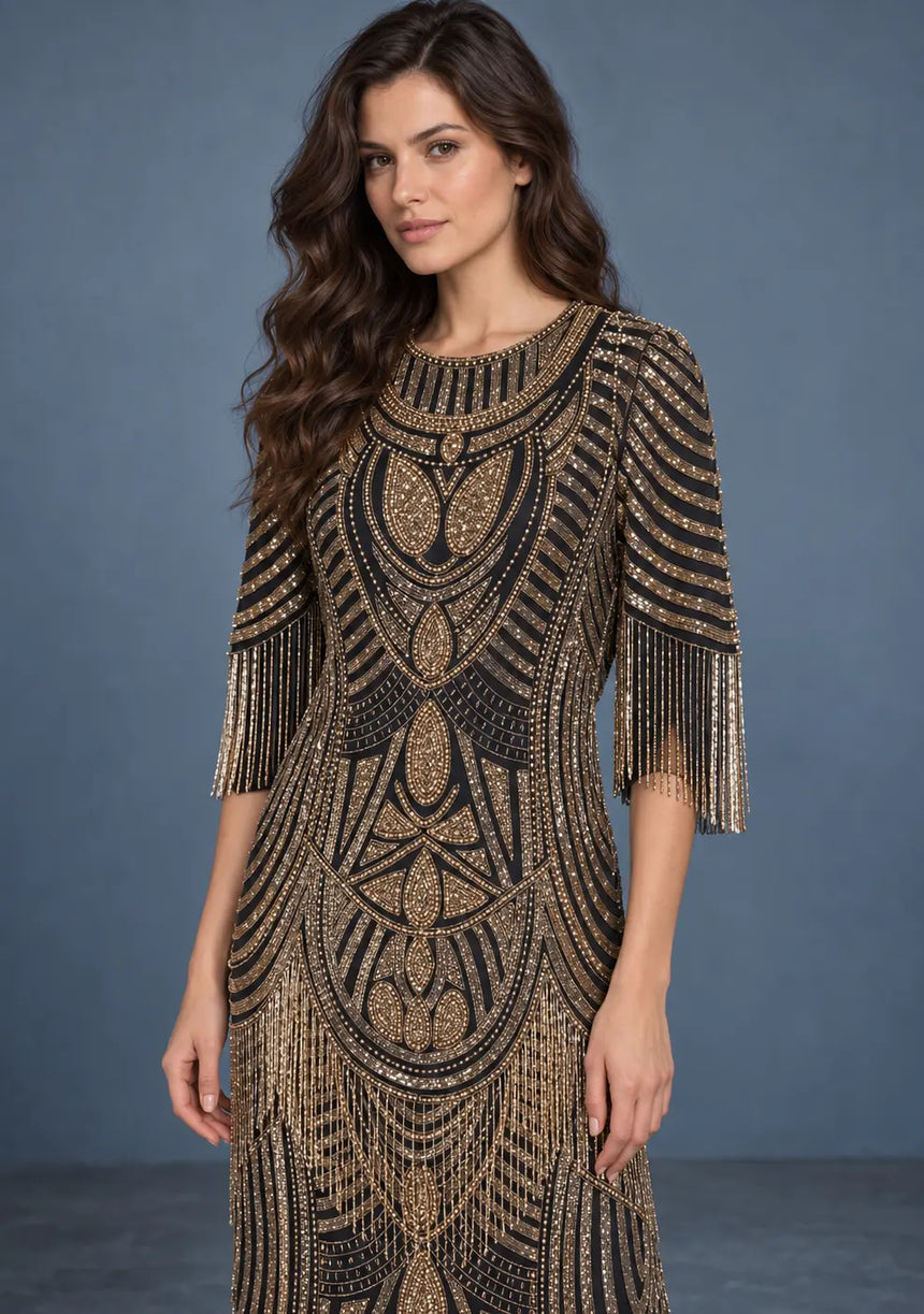 ibBan Women’s Long Dress with Hand Beadwork & Fringe Sleeves - Esmi