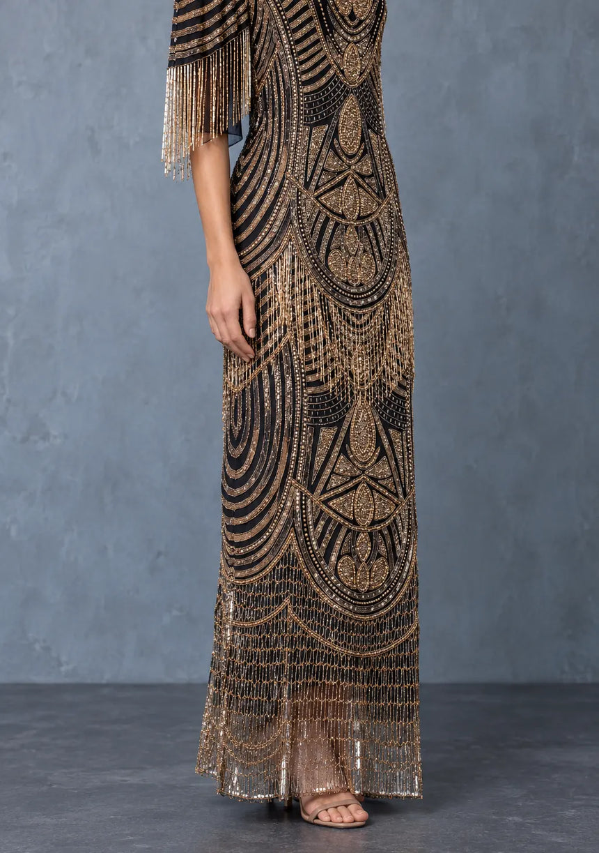 ibBan Women’s Long Dress with Hand Beadwork & Fringe Sleeves - Esmi
