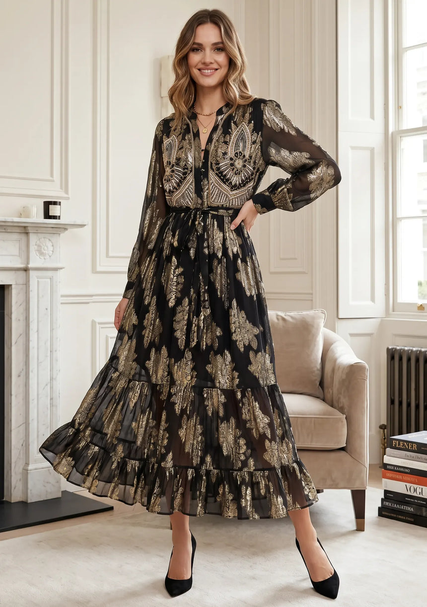 ibBan Hand Embroidered Cotton Lurex Long Tunic | Luxury Dress - Varsha