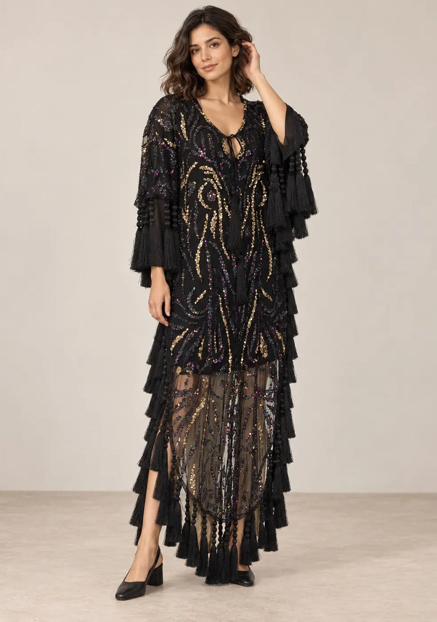 Women’s Kaftan Dress with Hand Beadwork & Tassel Fringe -Emlia
