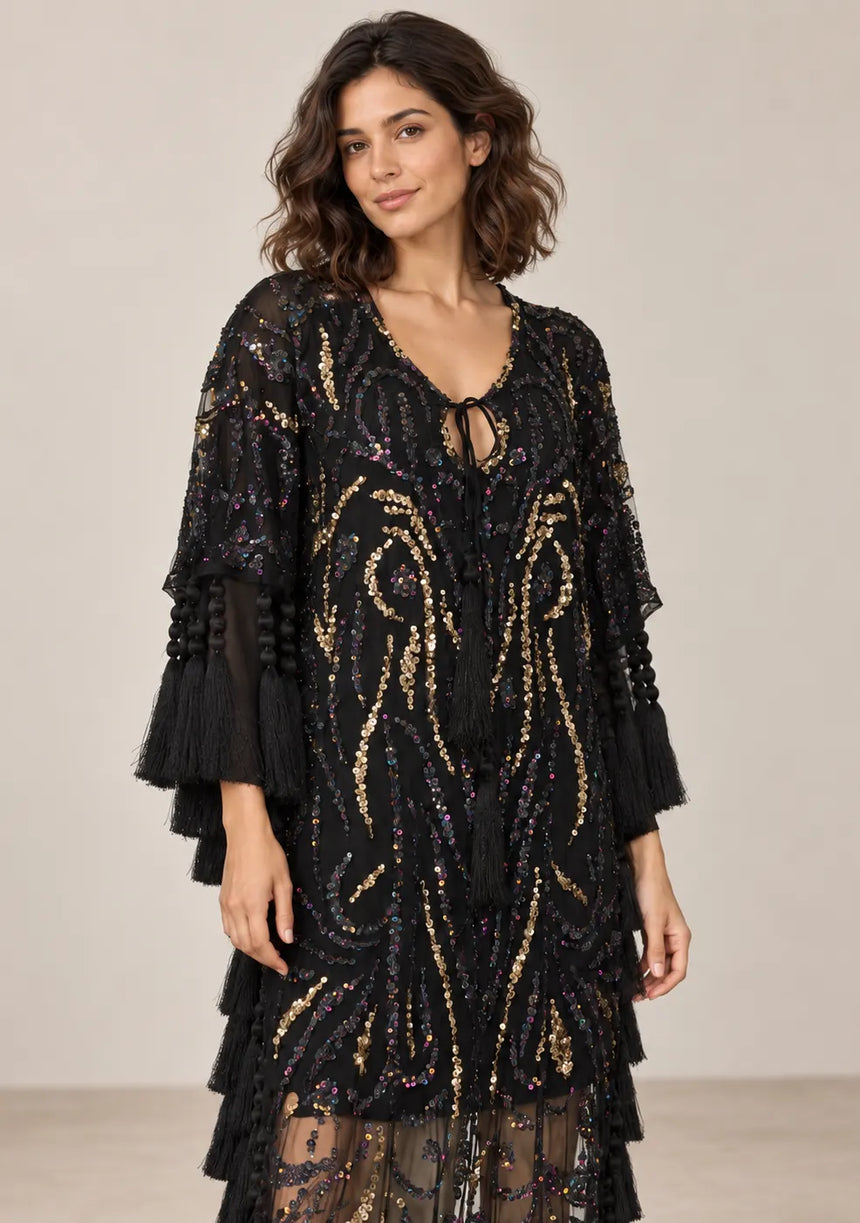 Women’s Kaftan Dress with Hand Beadwork & Tassel Fringe -Emlia