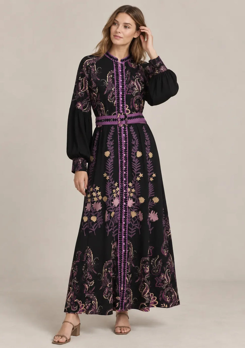 ibBan Cotton Long Dress with Contrast Waist Belt -Minja