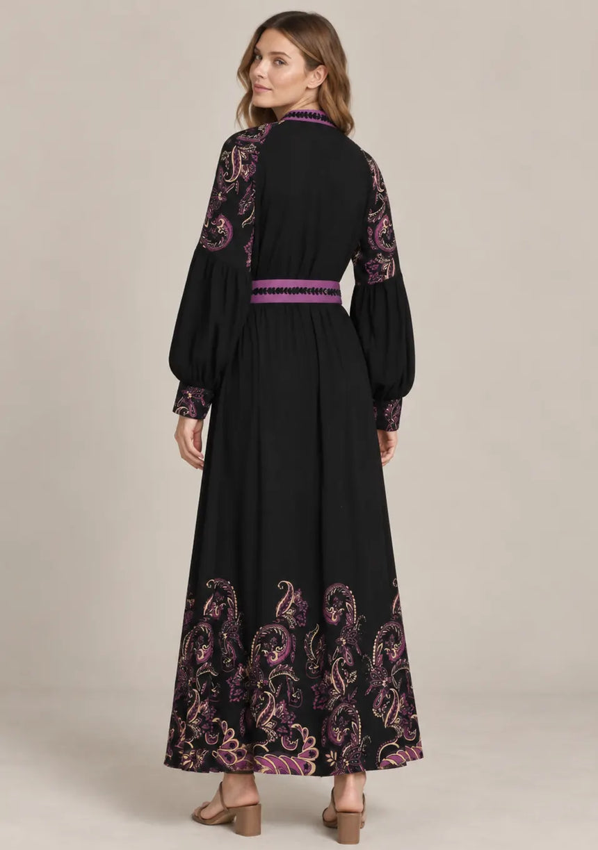 ibBan Cotton Long Dress with Contrast Waist Belt -Minja