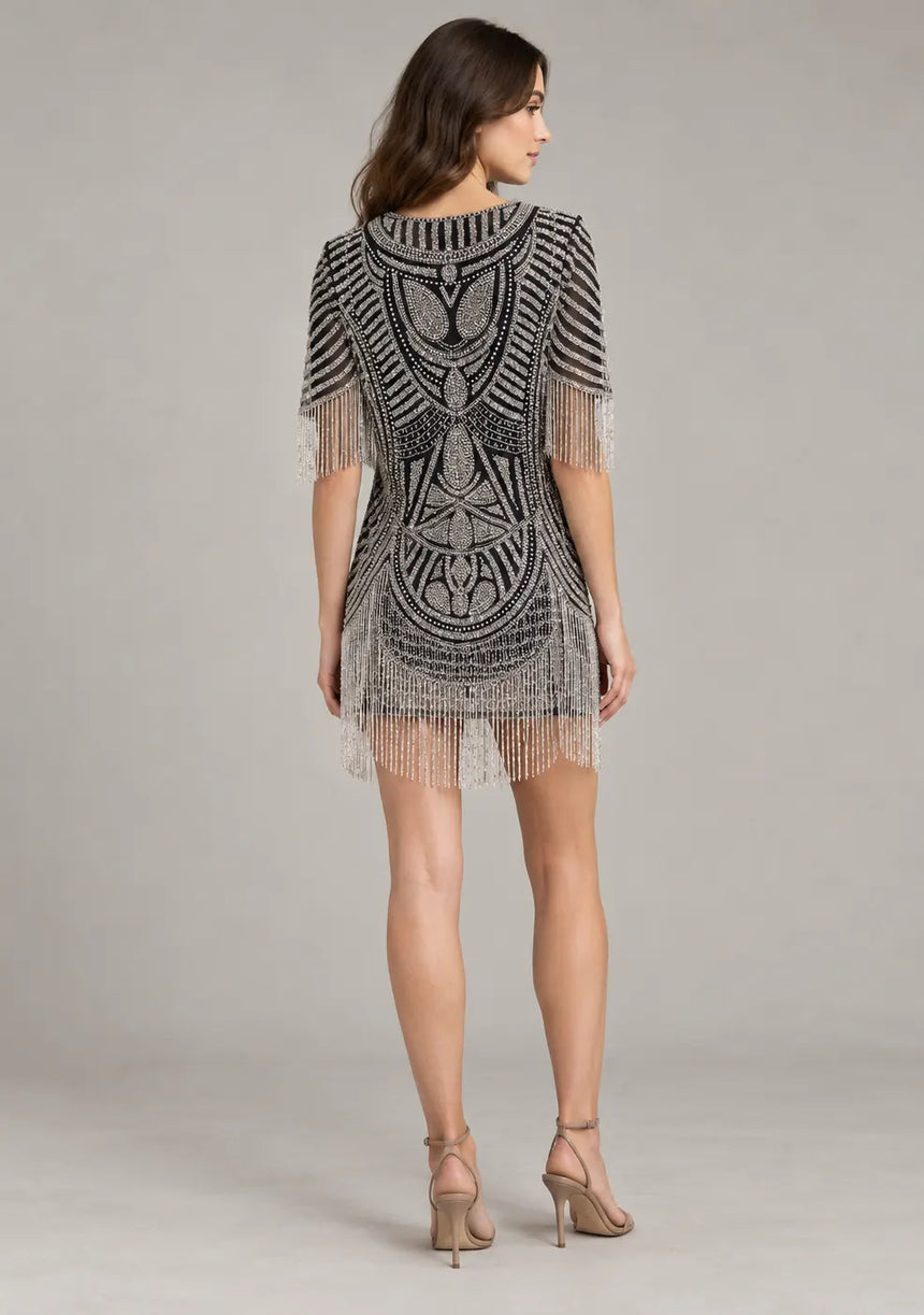 ibBan Party Short Dress with Beadwork & Fringe Sleeves - Esmi