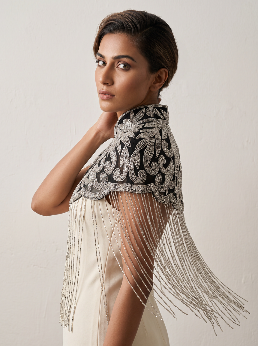 ibBan Beaded Net Neck Cape with Fringe - Linda