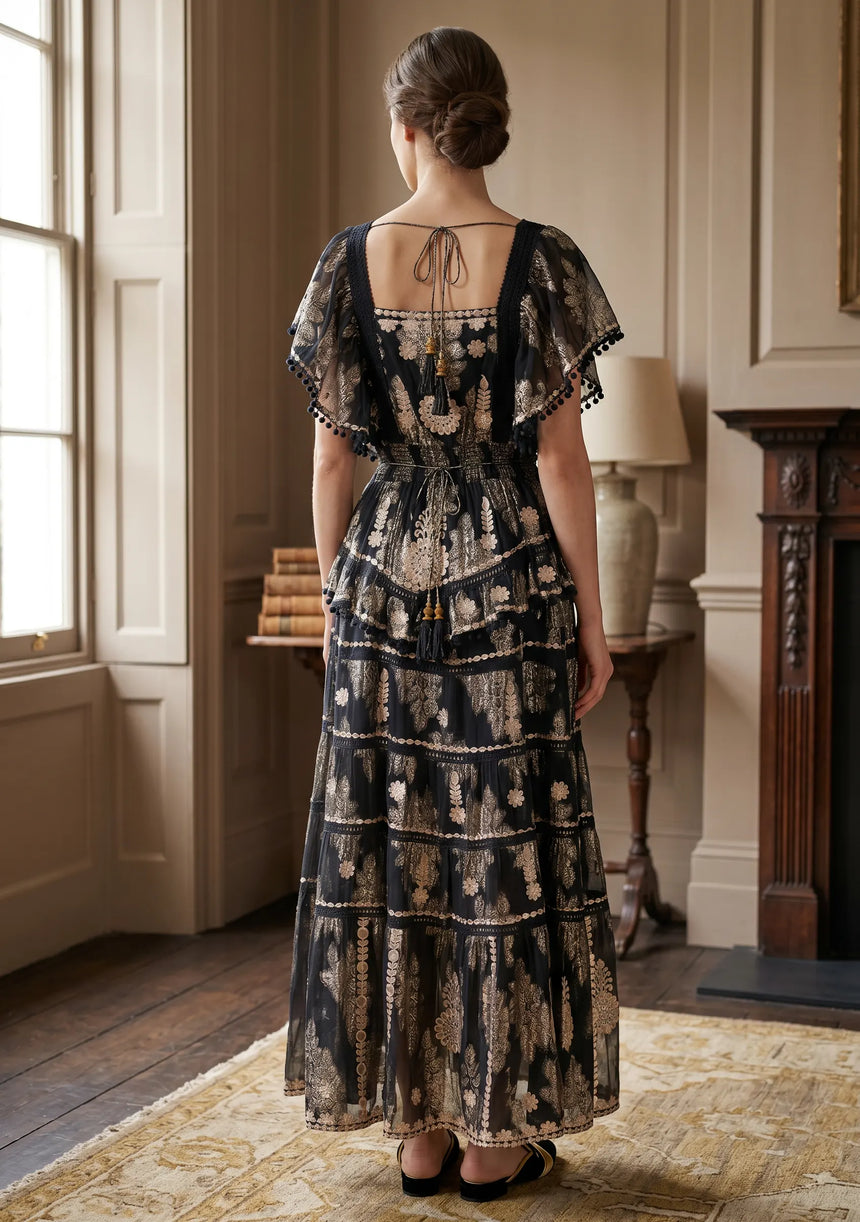 ibBan Black Hand Embroidered Cotton Lurex Winter Maxi Dress | Luxury Occasion Wear - Mavi