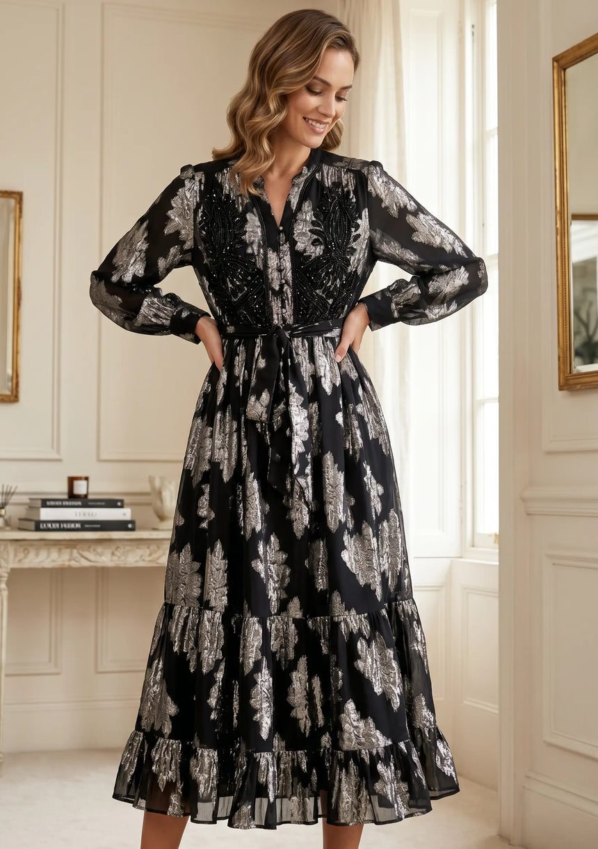 ibBan Hand Embroidered Cotton Lurex Long Tunic | Luxury Dress - Varsha