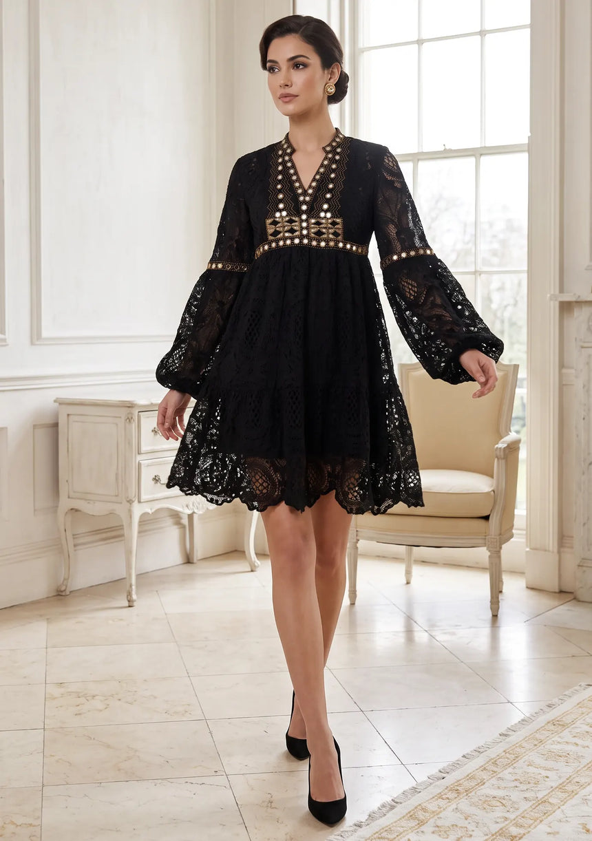 ibBan White Hand Embroidered Lace Short Dress | Luxury Women's Dress - Isobel