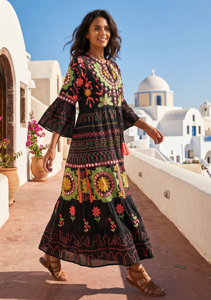 Women's Hand Embroidery Cotton Long Tunic Dress with Embroidery | ibBan - Orla