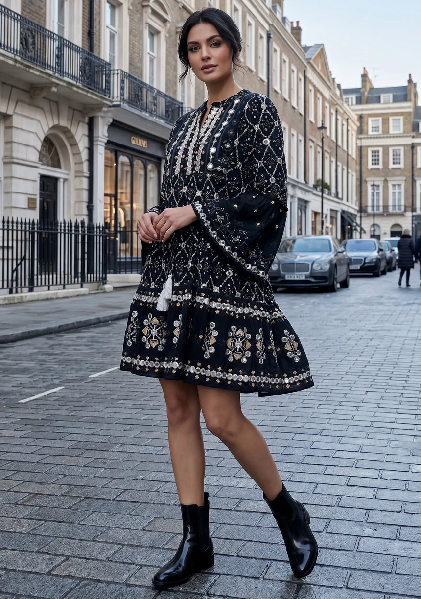 ibBan Hand Embroidered Winter Short Tunic Dress | Luxury Women's Fashion - Melida