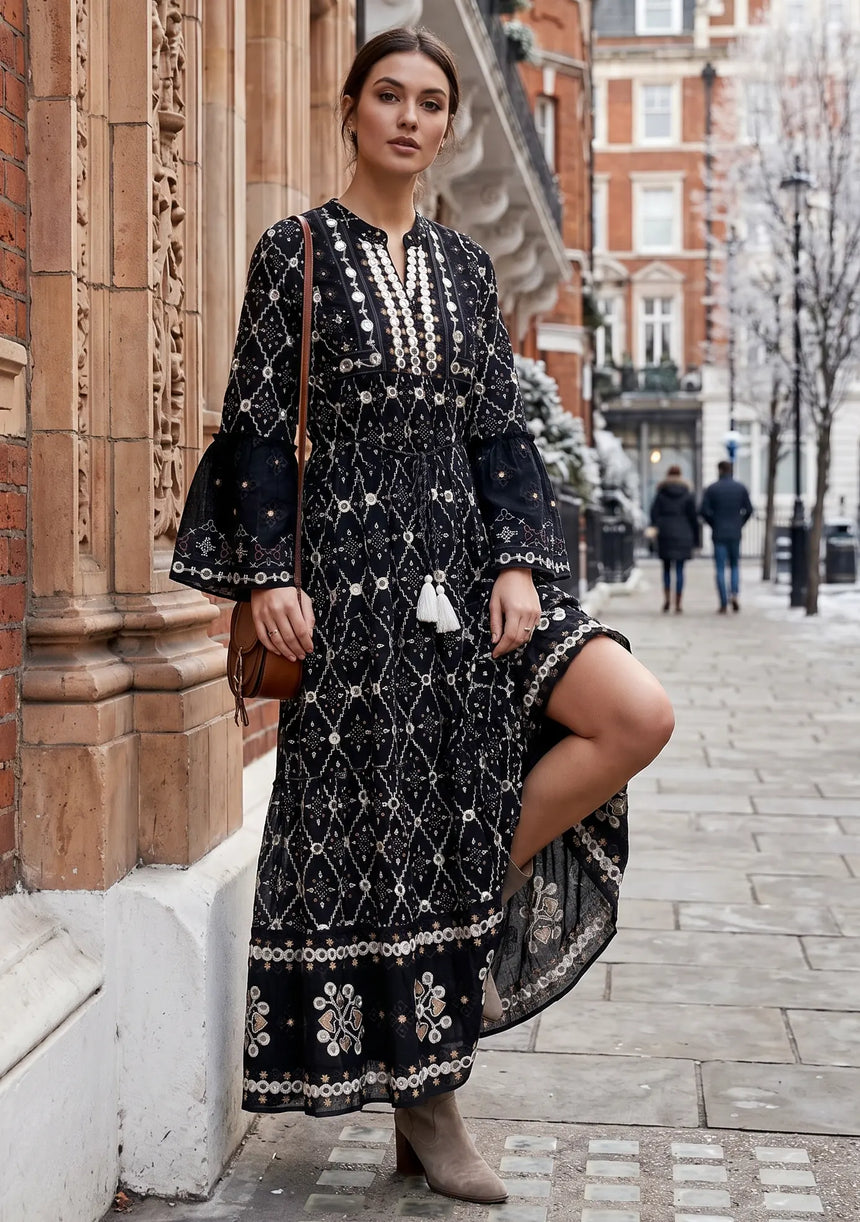 ibBan Hand Embroidered Winter Tunic Dress | Luxury Bohemian Elegance - Melida