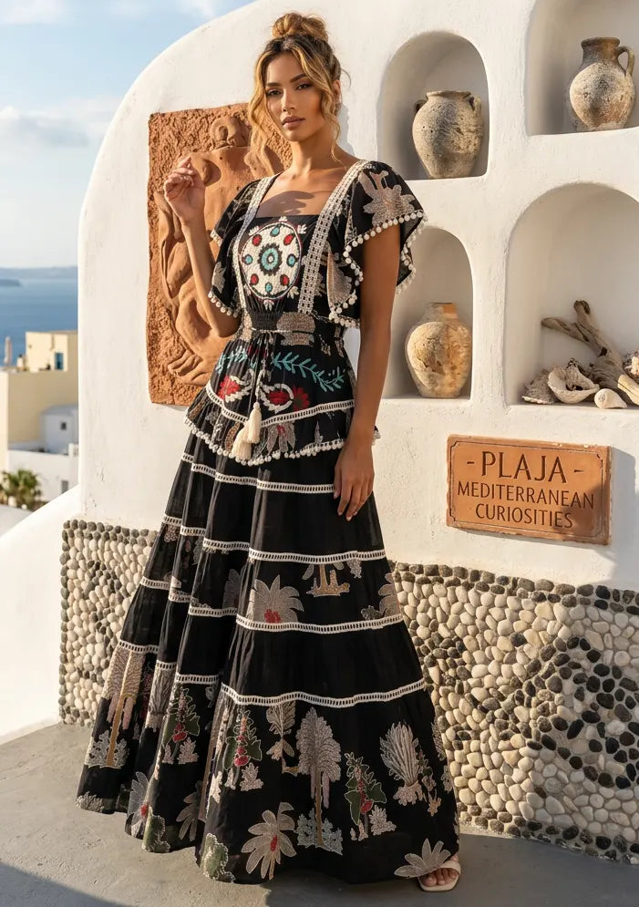 ibBan Embroidered Cotton Maxi Dress with Tiered Floral - Lamis